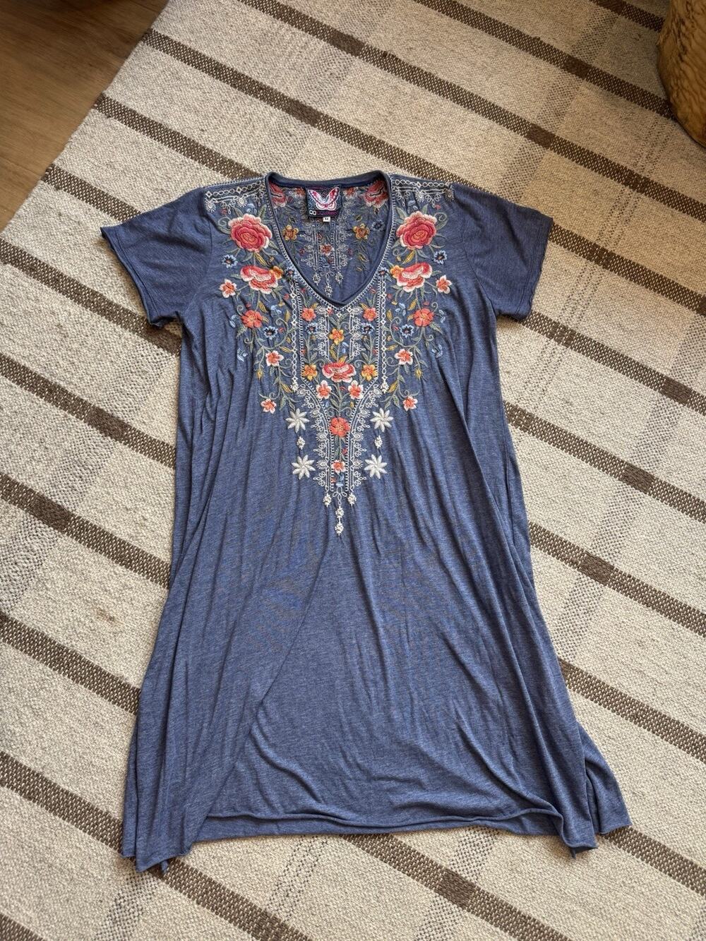 Johnny Was Adeline Tunic Dress Blue Women’s Medium Embroidered Floral Boho